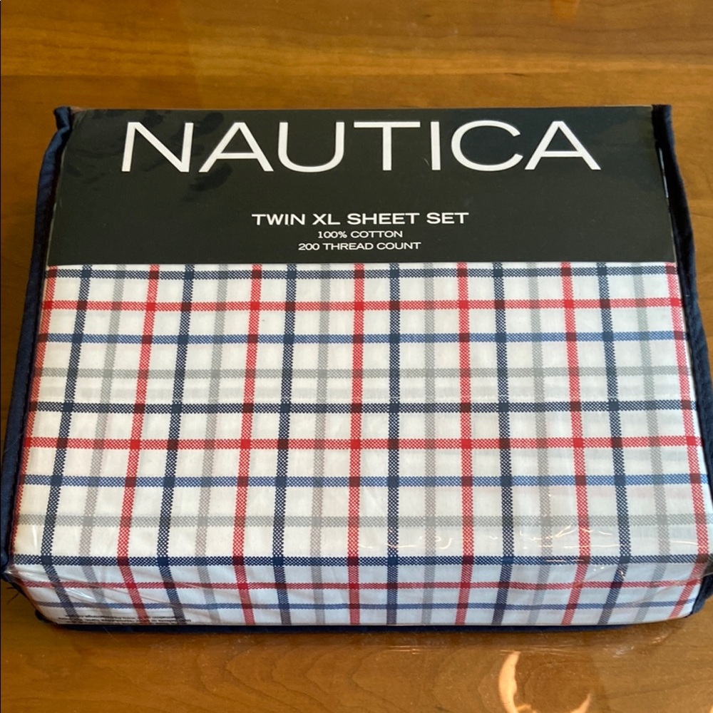 Nautica Twin XL Cotton Sheet Set - Red, Navy & White Plaid.